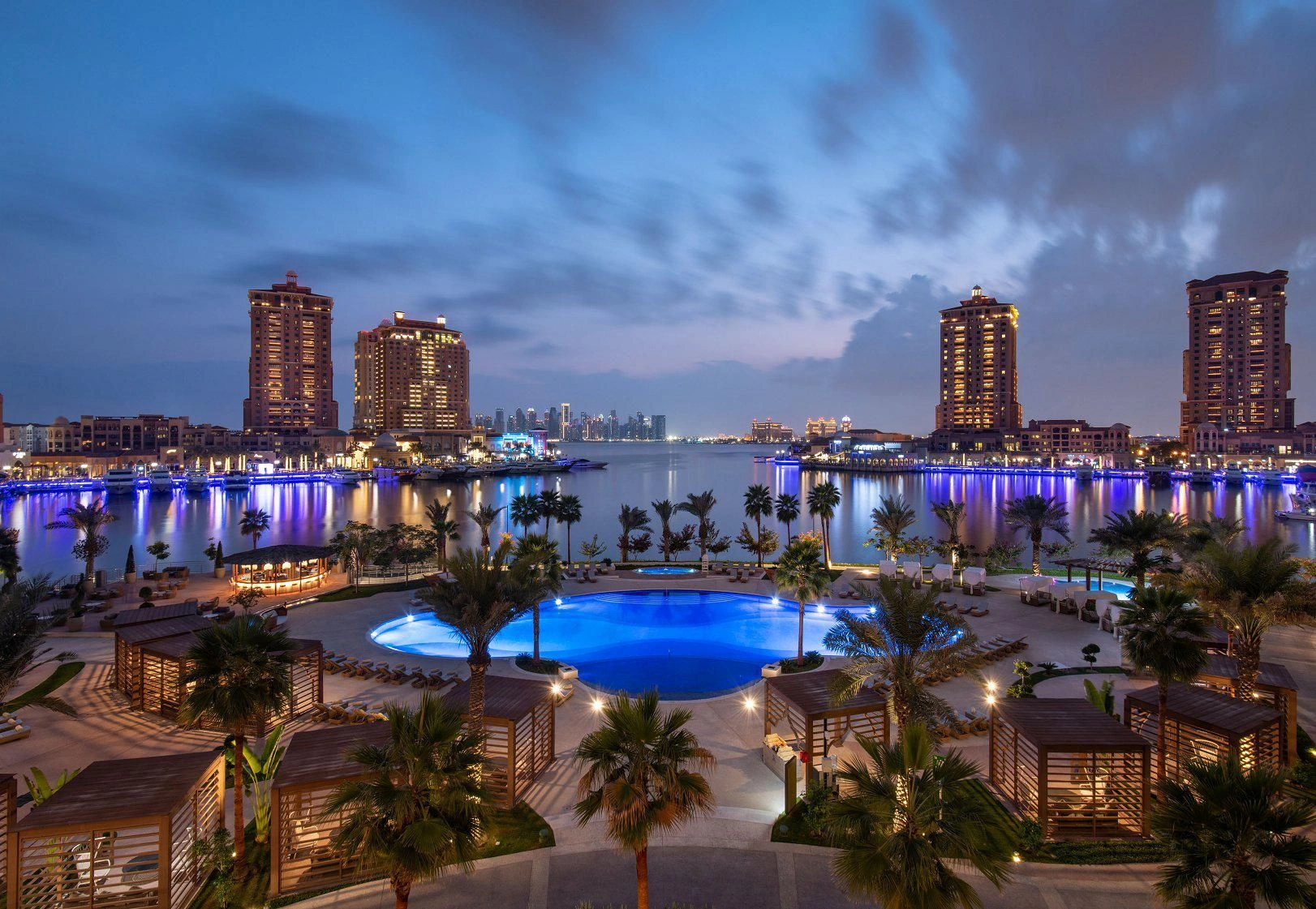 Complex of furnished townhouses on the seafront with a hotel and swimming pools, Doha, Qatar