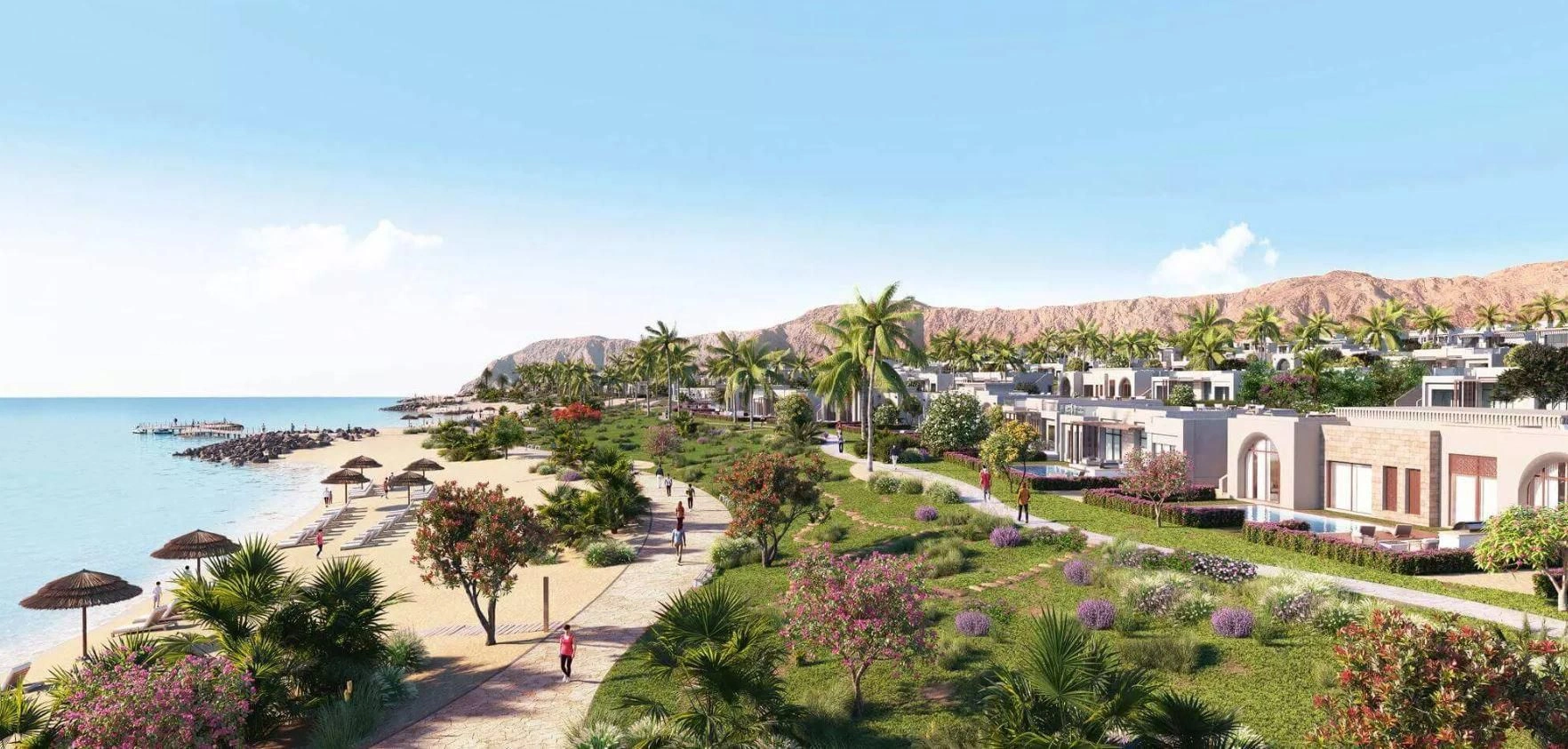 New luxury complex of apartments and townhouses on the seafront with a beach and a pier, Sifa, Oman