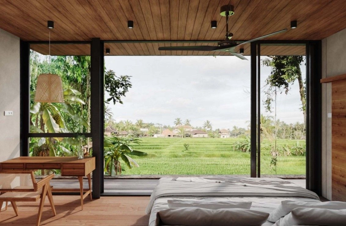 उबुद में धान के खेतों का नज़ारा देने वाली विला