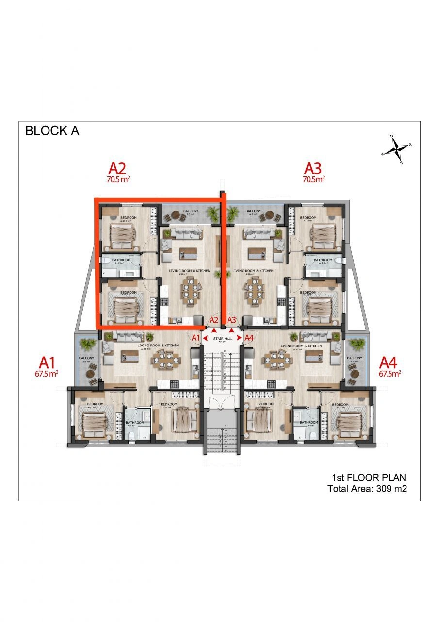 71 m2 का अपार्टमेंट, पहाड़ी दृश्य के साथ — उत्तरी साइप्रस के Alsancak में