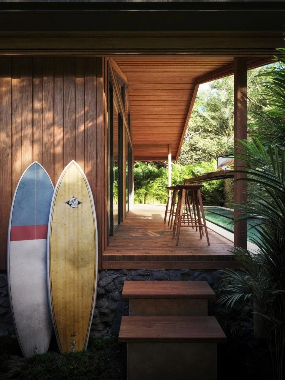 Two-room wooden villa with a spacious terrace and views of the tropical garden