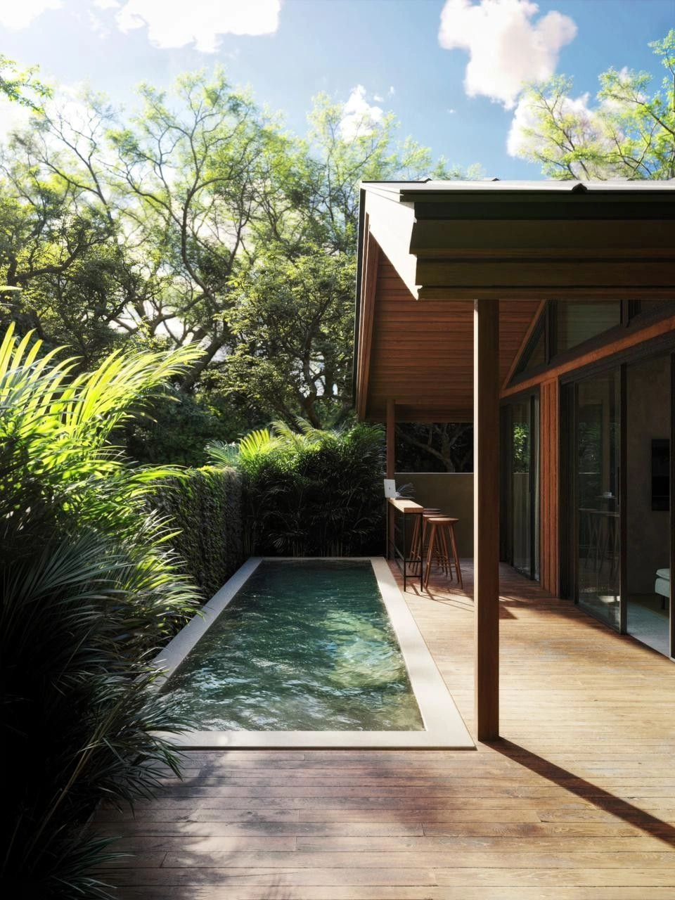Two-room wooden villa with a spacious terrace and views of the tropical garden