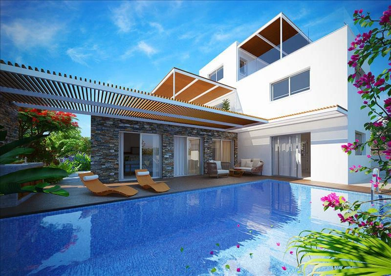 Paphos, Kıbrıs'ta modern bir konut kompleksindeki villalar