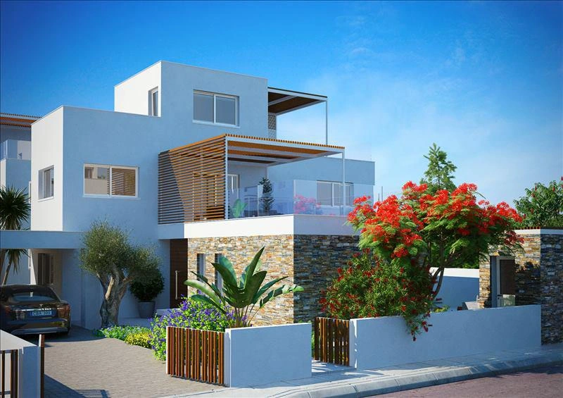 Paphos, Kıbrıs'ta modern bir konut kompleksindeki villalar