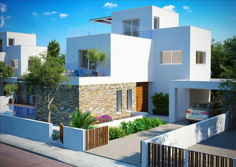 Paphos, Kıbrıs'ta modern bir konut kompleksindeki villalar
