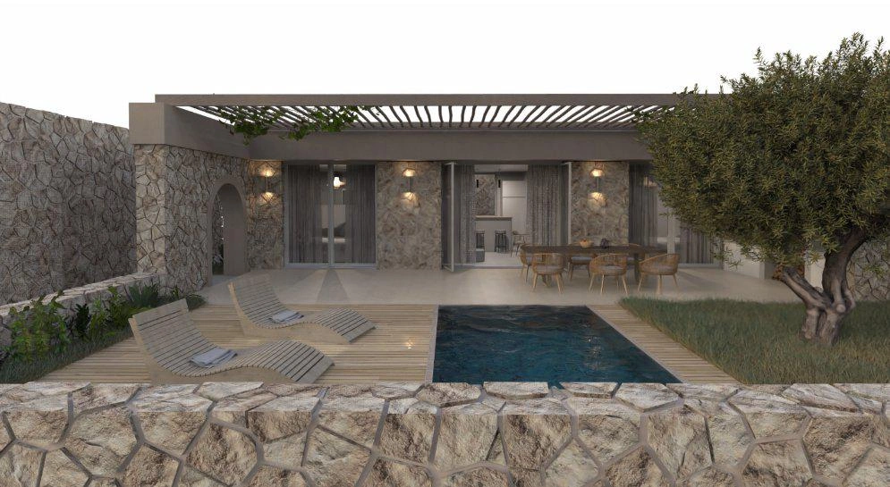 Houses in a modern residential complex in Loutraki, Crete, Greece