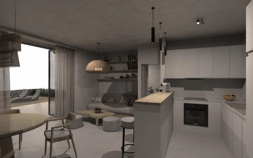 Houses in a modern residential complex in Loutraki, Crete, Greece