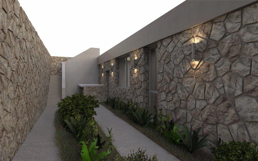 Houses in a modern residential complex in Loutraki, Crete, Greece