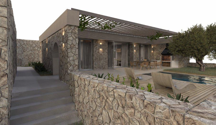 Houses in a modern residential complex in Loutraki, Crete, Greece