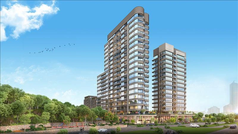 Apartments in a residence with a swimming pool and green areas in Istanbul, Turkey