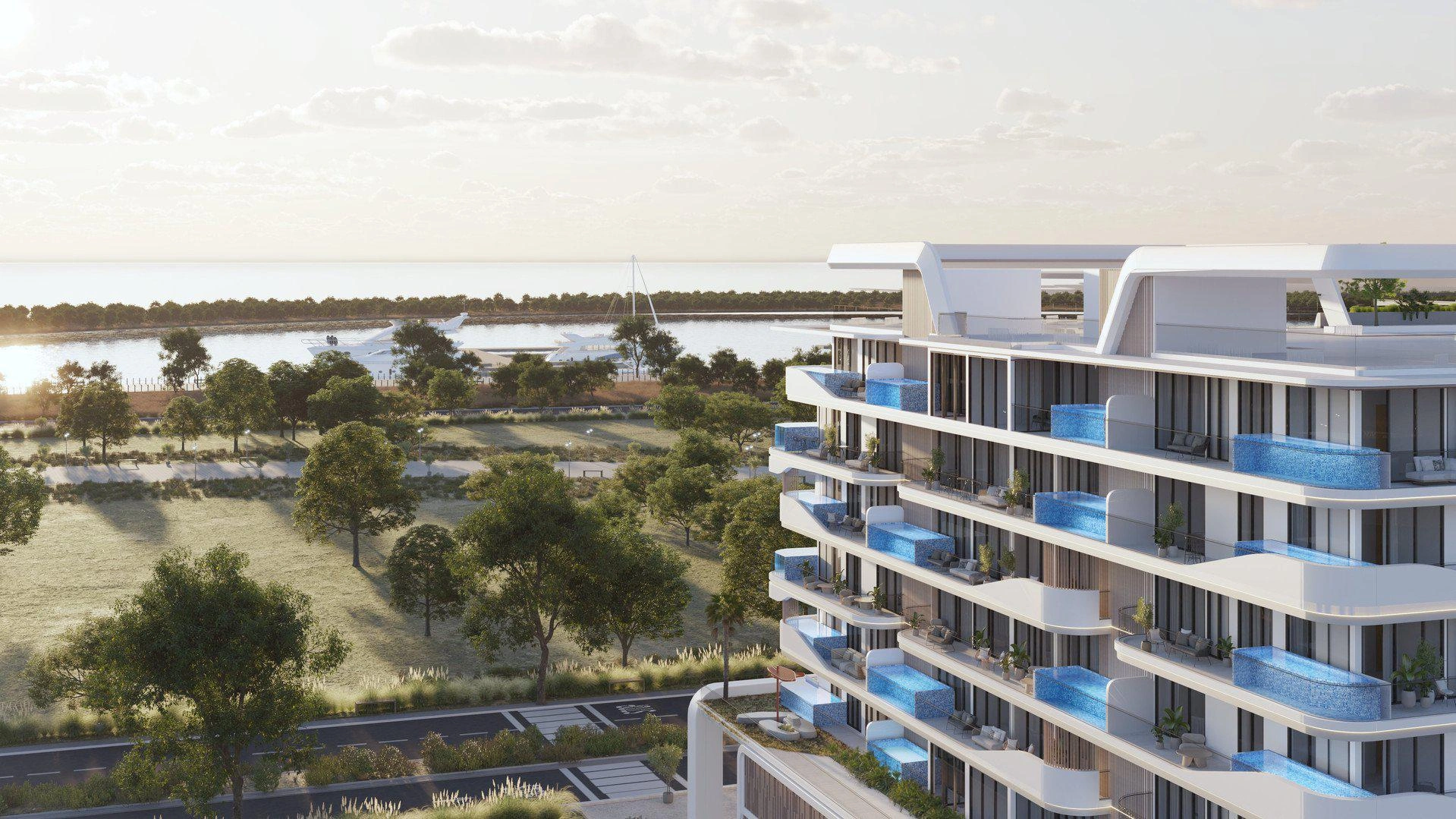 ドバイ(アラブ首長国連邦)のモダンな住宅コンプレックスにあるアパート