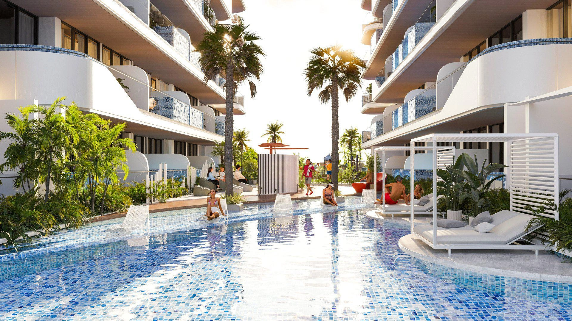 ドバイ(アラブ首長国連邦)のモダンな住宅コンプレックスにあるアパート