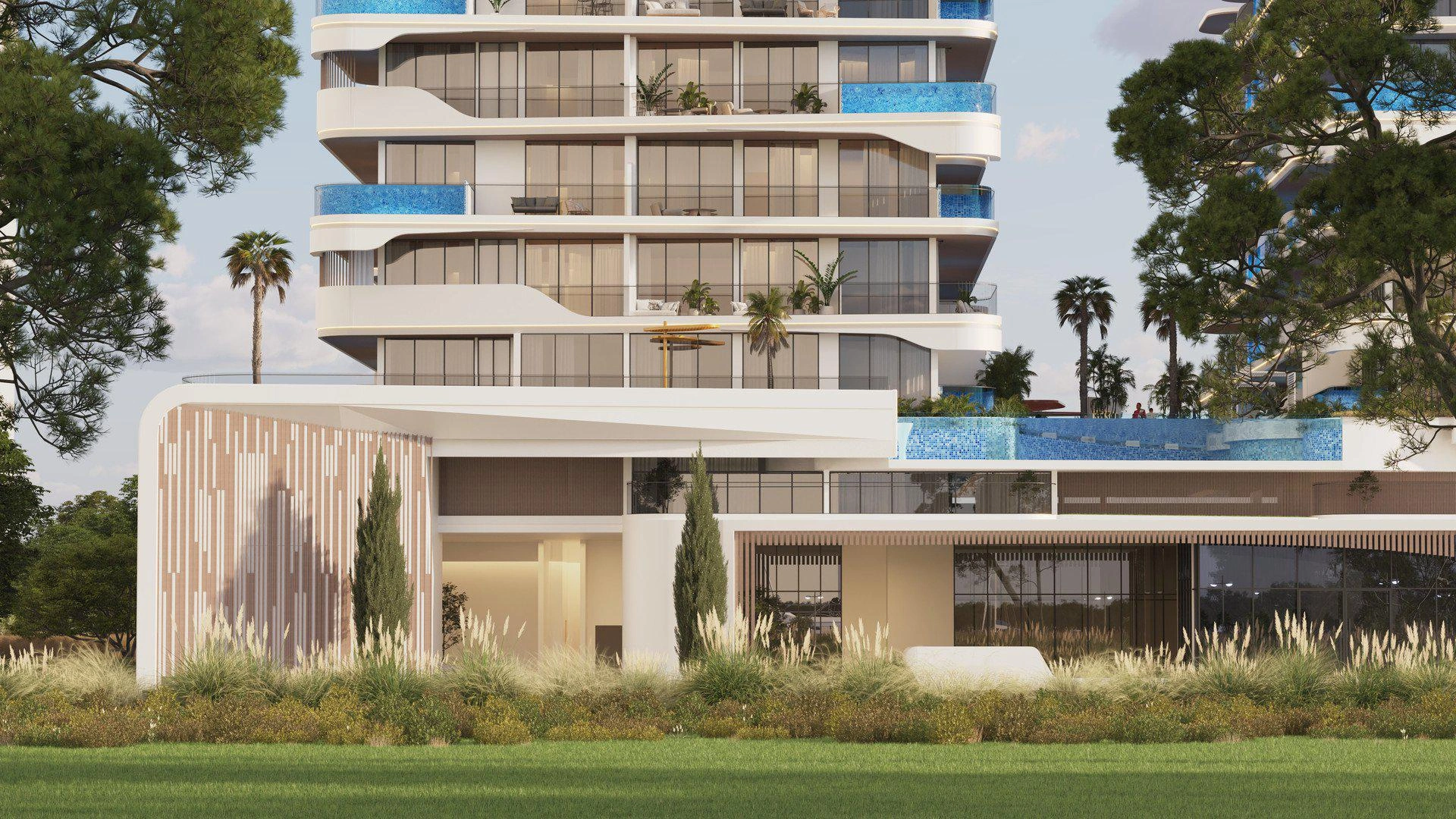 ドバイ(アラブ首長国連邦)のモダンな住宅コンプレックスにあるアパート