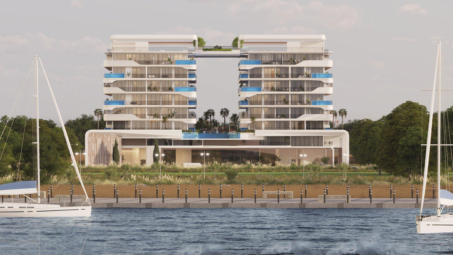 ドバイ(アラブ首長国連邦)のモダンな住宅コンプレックスにあるアパート