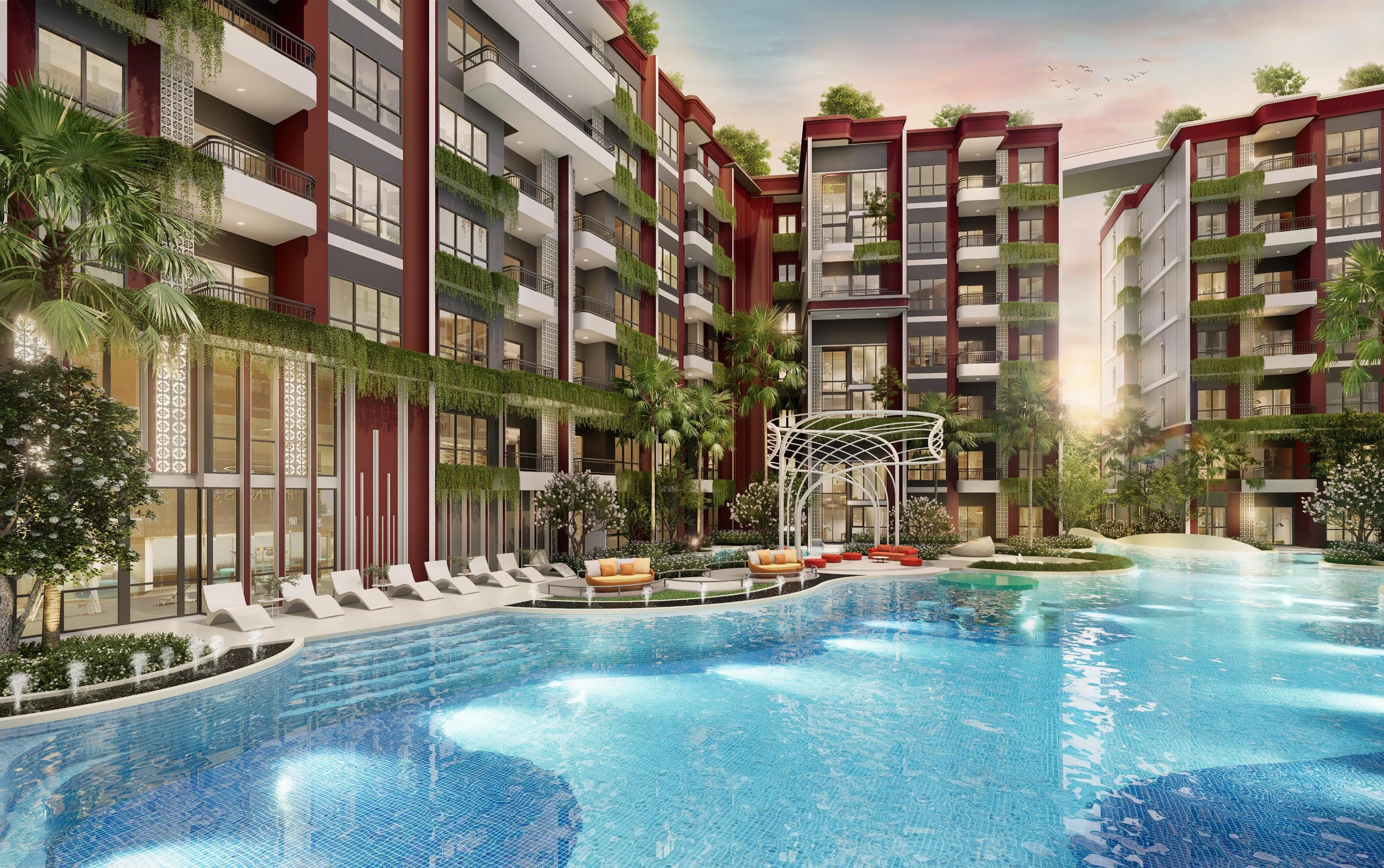 फुकेत, थाईलैंड के बैंग ताओ बीच के पास आधुनिक आवासीय परिसर के अपार्टमेंट