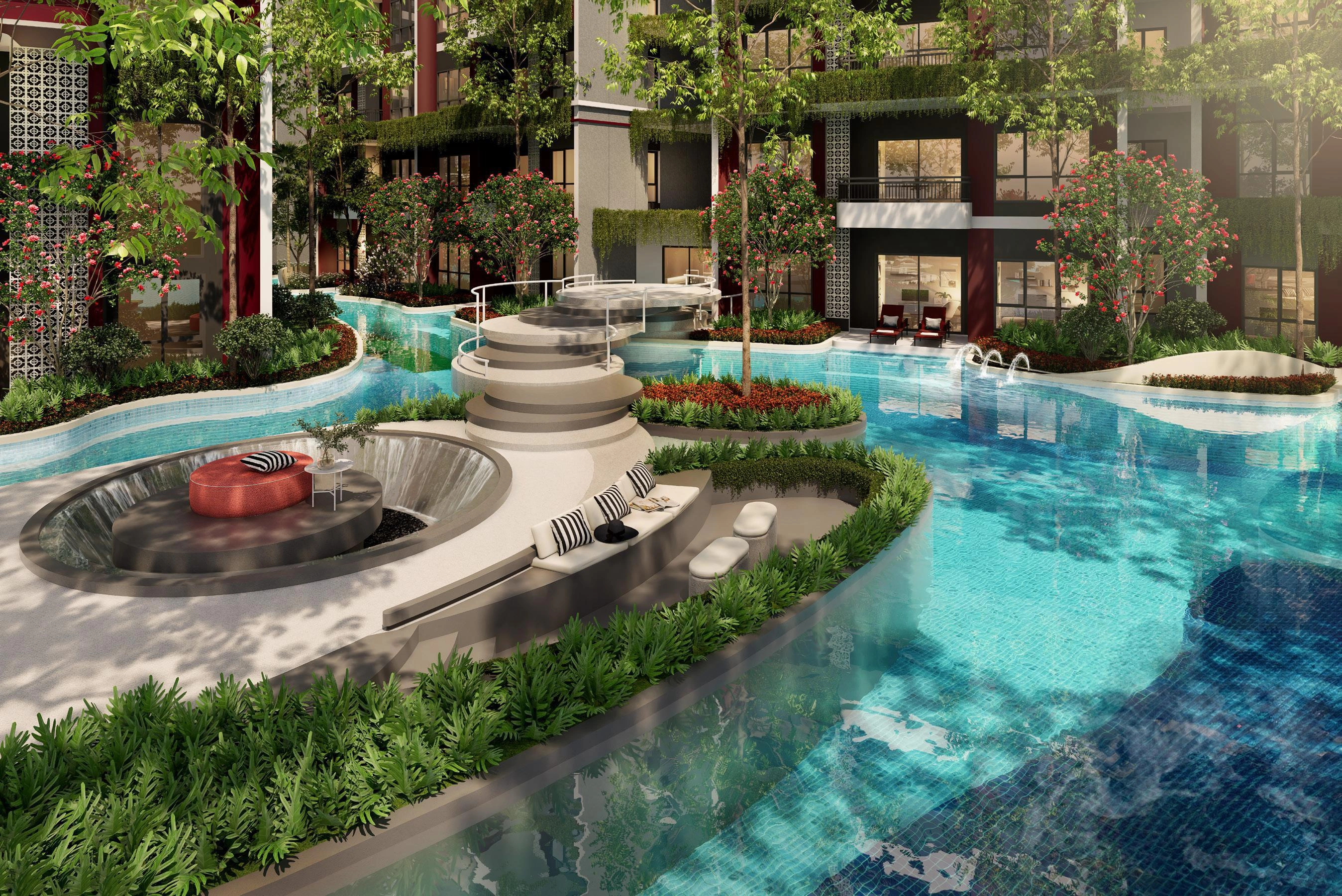 फुकेत, थाईलैंड के बैंग ताओ बीच के पास आधुनिक आवासीय परिसर के अपार्टमेंट