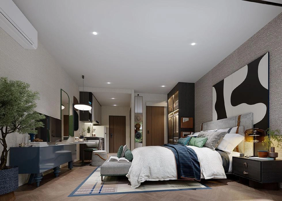 फुकेत, थाईलैंड के बैंग ताओ बीच के पास आधुनिक आवासीय परिसर के अपार्टमेंट