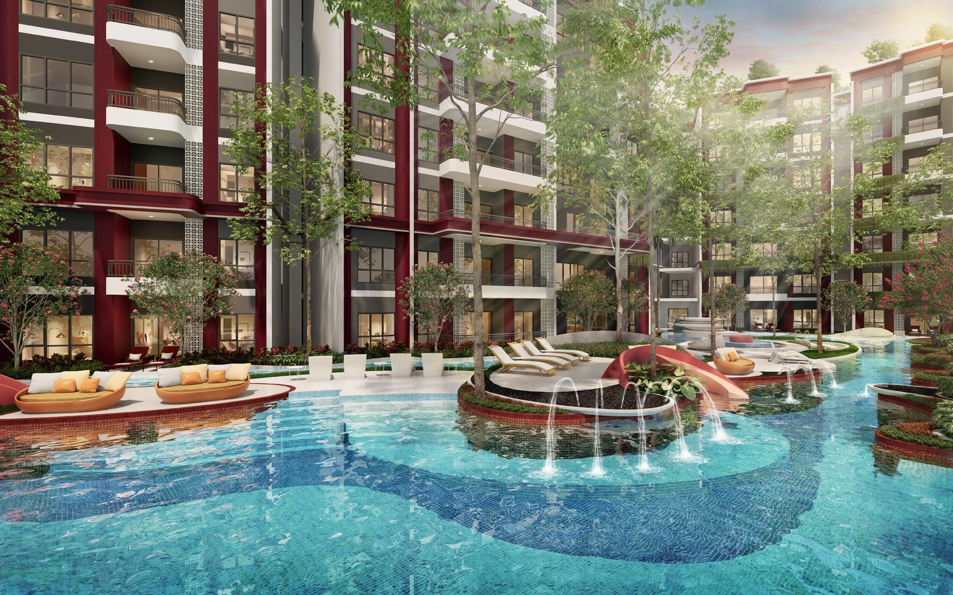 फुकेत, थाईलैंड के बैंग ताओ बीच के पास आधुनिक आवासीय परिसर के अपार्टमेंट