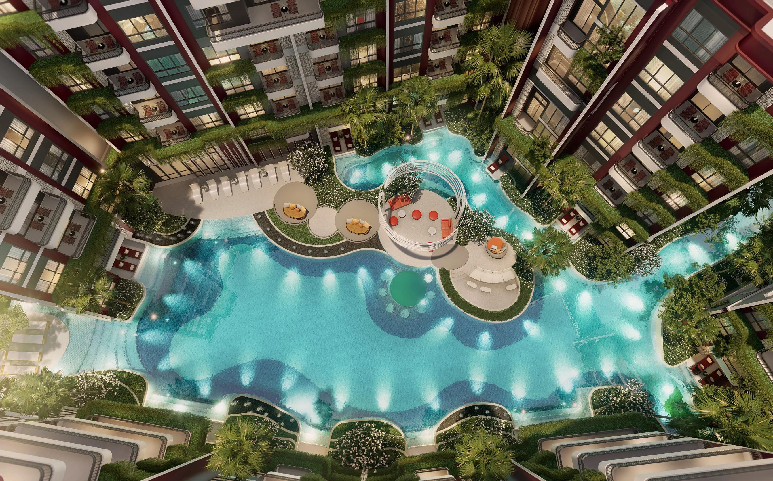 फुकेत, थाईलैंड के बैंग ताओ बीच के पास आधुनिक आवासीय परिसर के अपार्टमेंट