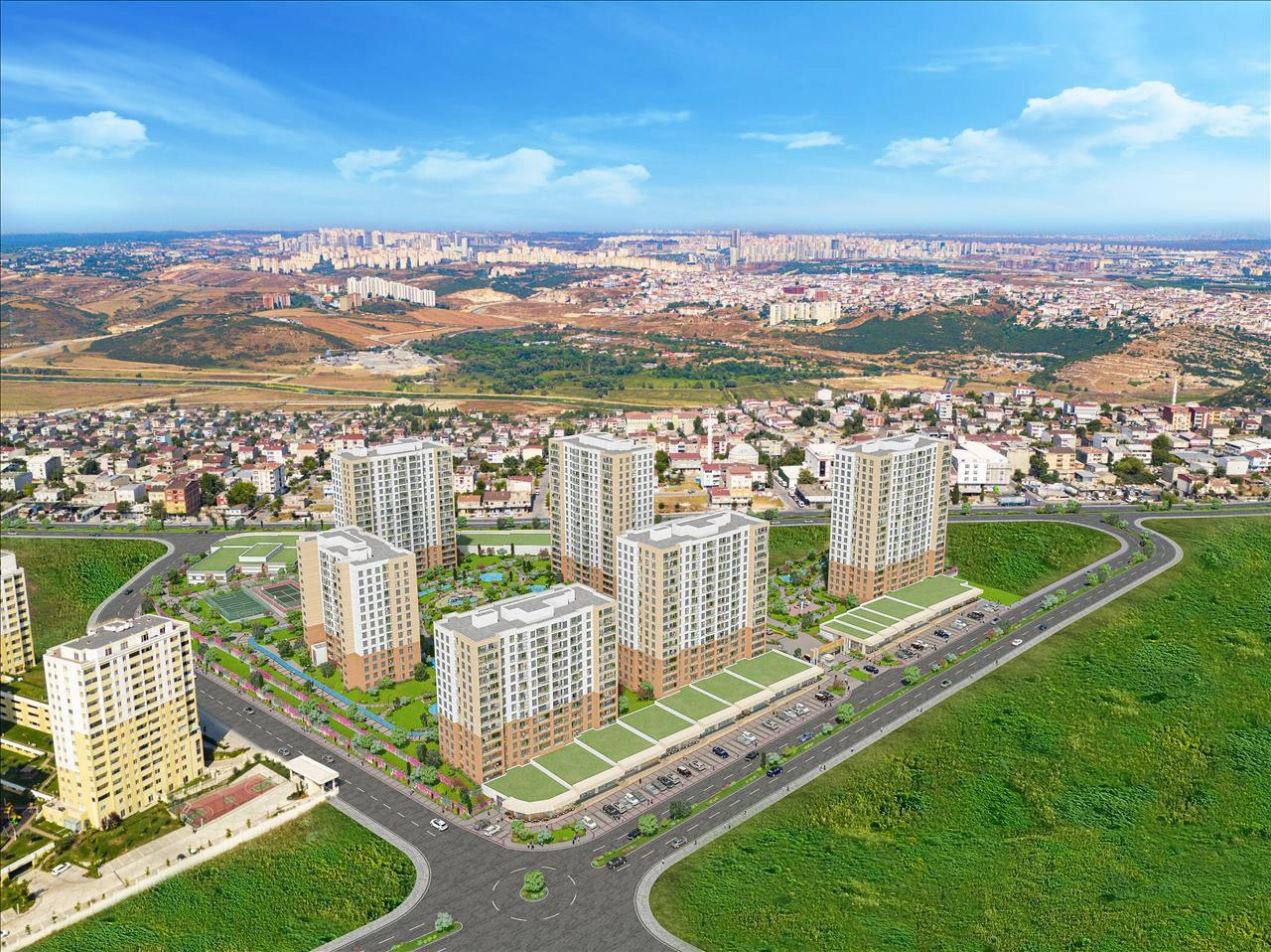 Apartments in a residential complex with green areas and a swimming pool in Istanbul, Turkiye