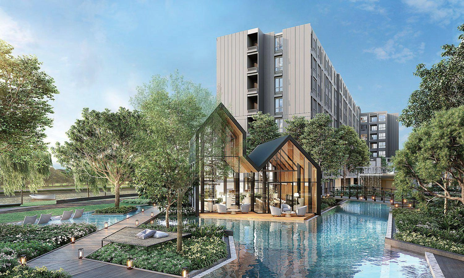 タイ・バンコクのモダンな住宅コンプレックス内のアパート