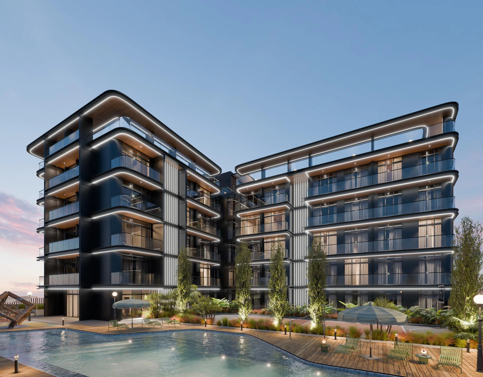 アラブ首長国連邦、ドバイ・ジュメイラ・ビレッジ・サークルにある現代的な住宅コンプレックス内のアパート