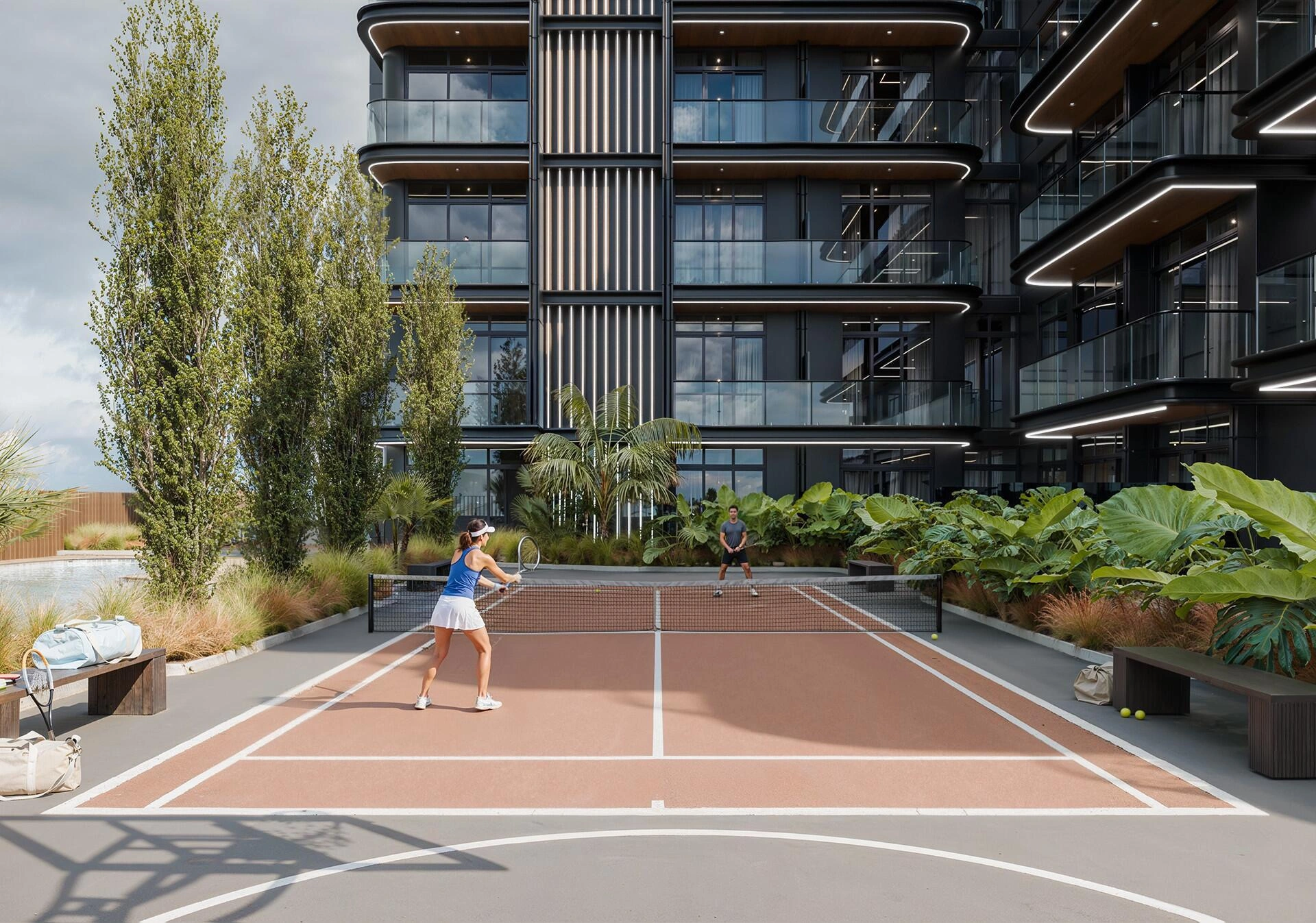 アラブ首長国連邦、ドバイ・ジュメイラ・ビレッジ・サークルにある現代的な住宅コンプレックス内のアパート