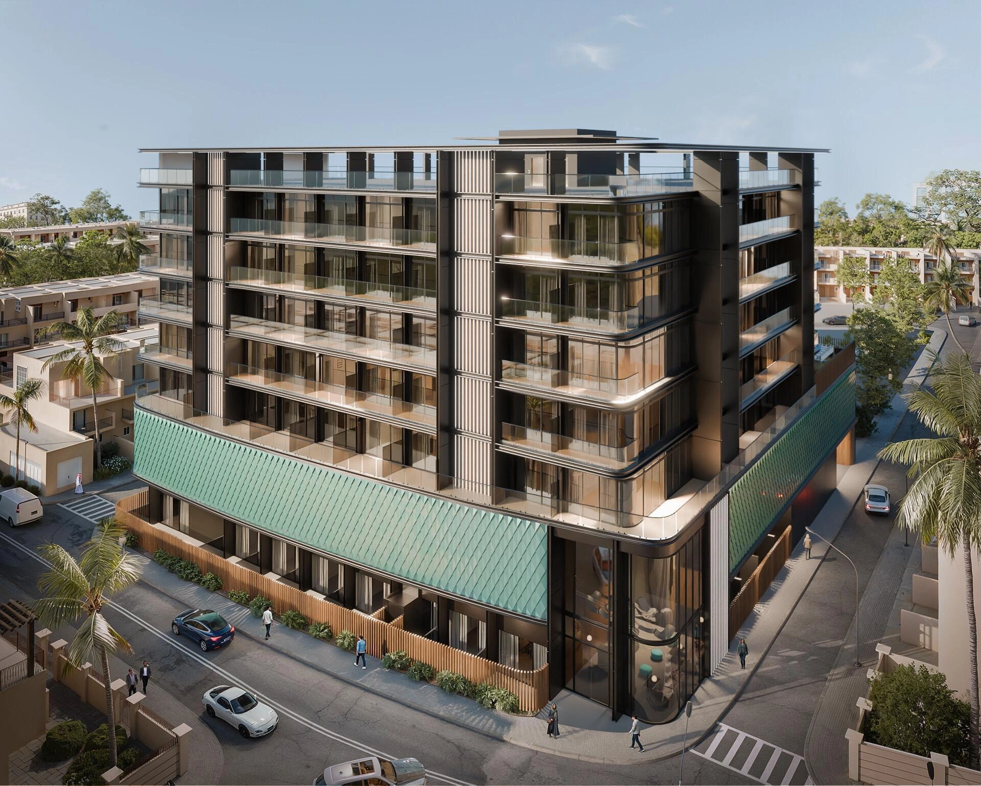 アラブ首長国連邦、ドバイ・ジュメイラ・ビレッジ・サークルにある現代的な住宅コンプレックス内のアパート