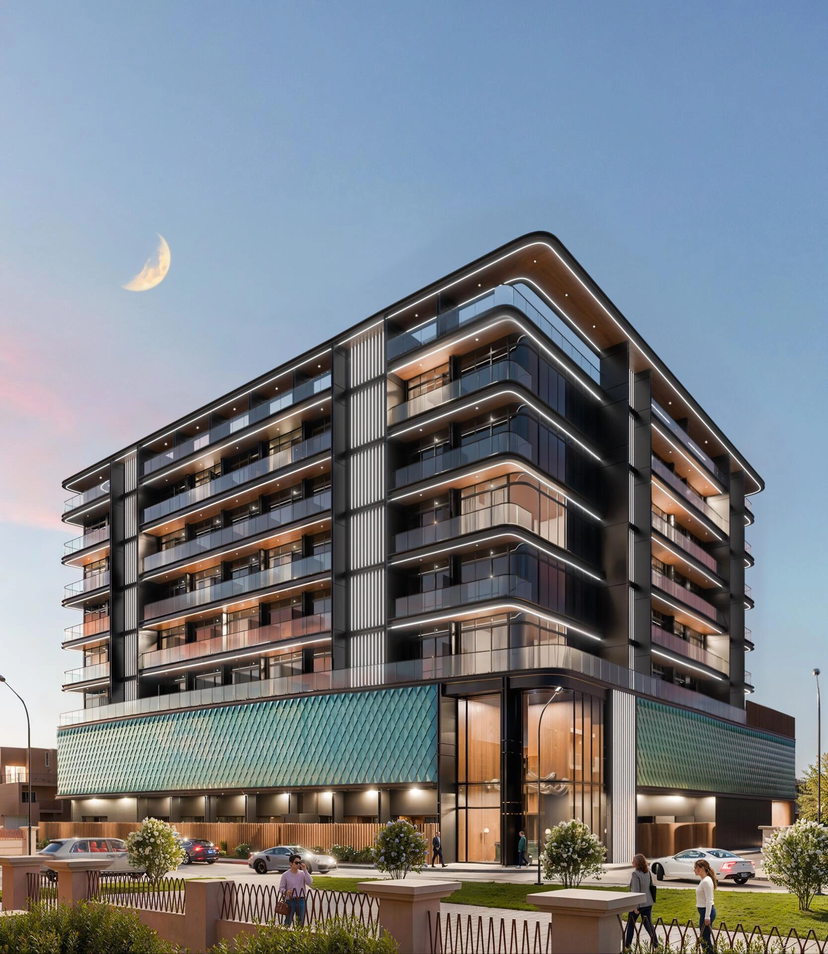 アラブ首長国連邦、ドバイ・ジュメイラ・ビレッジ・サークルにある現代的な住宅コンプレックス内のアパート