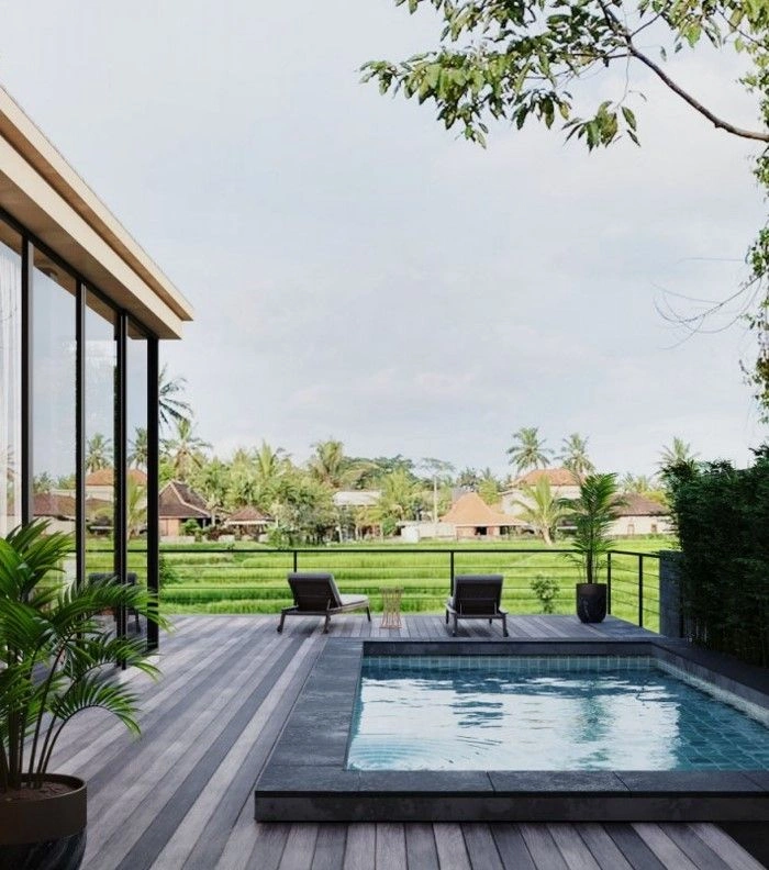 उबुद में धान के खेतों का नज़ारा देने वाली विला