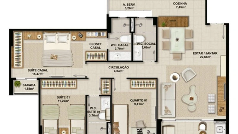 Apartment 3+1 near lake Jacarey in Fortaleza, Brazil