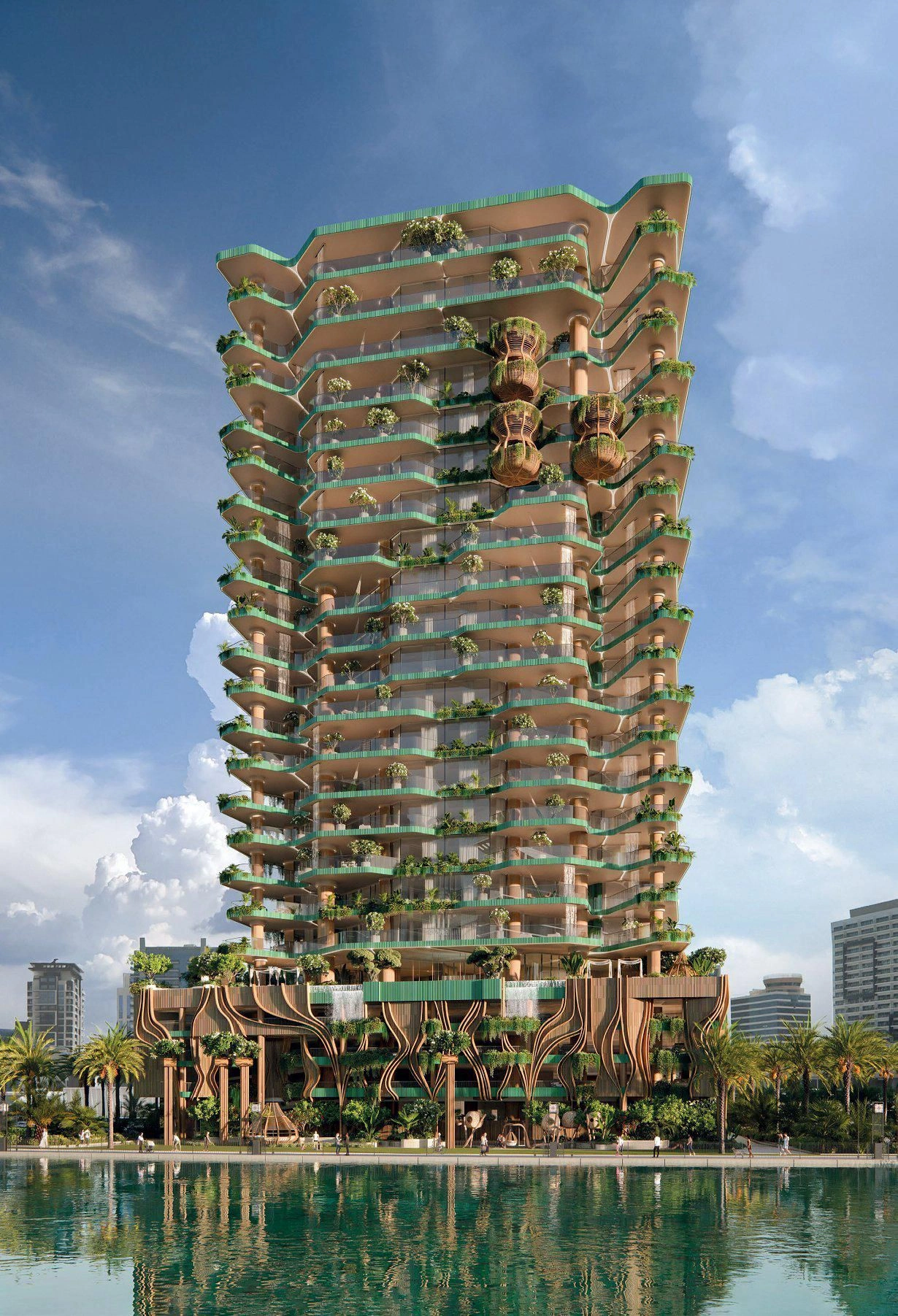 नया नहर किनारे रेसिडेंस — स्विमिंग पूल, विश्राम क्षेत्र और झरने; बिज़नेस बे, दुबई, UAE