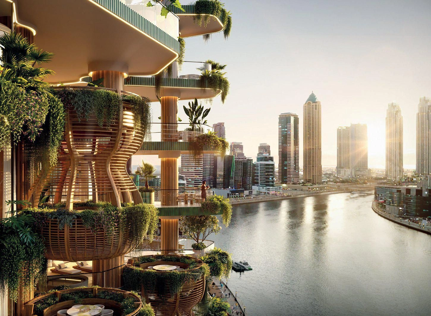 नया नहर किनारे रेसिडेंस — स्विमिंग पूल, विश्राम क्षेत्र और झरने; बिज़नेस बे, दुबई, UAE