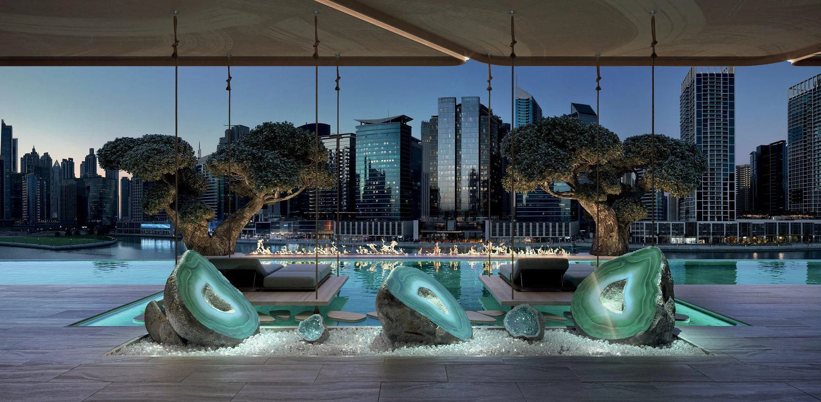 नया नहर किनारे रेसिडेंस — स्विमिंग पूल, विश्राम क्षेत्र और झरने; बिज़नेस बे, दुबई, UAE