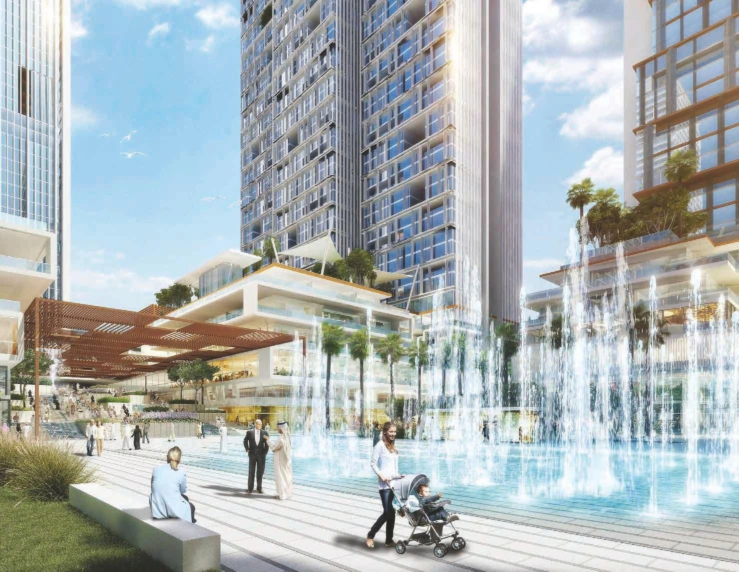 High-rise residential complex with swimming pool near Dubai metro station