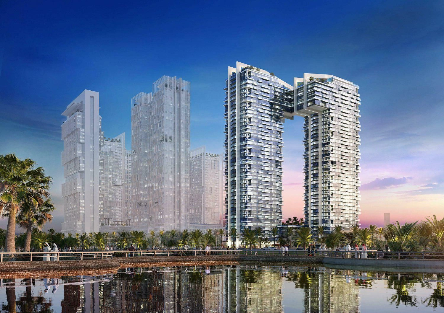 High-rise residential complex with swimming pool near Dubai metro station