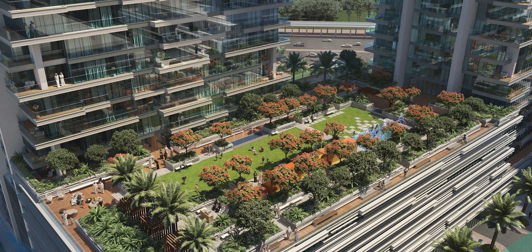 High-rise residential complex with swimming pool near Dubai metro station