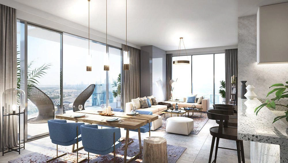 High-rise residential complex with swimming pool near Dubai metro station