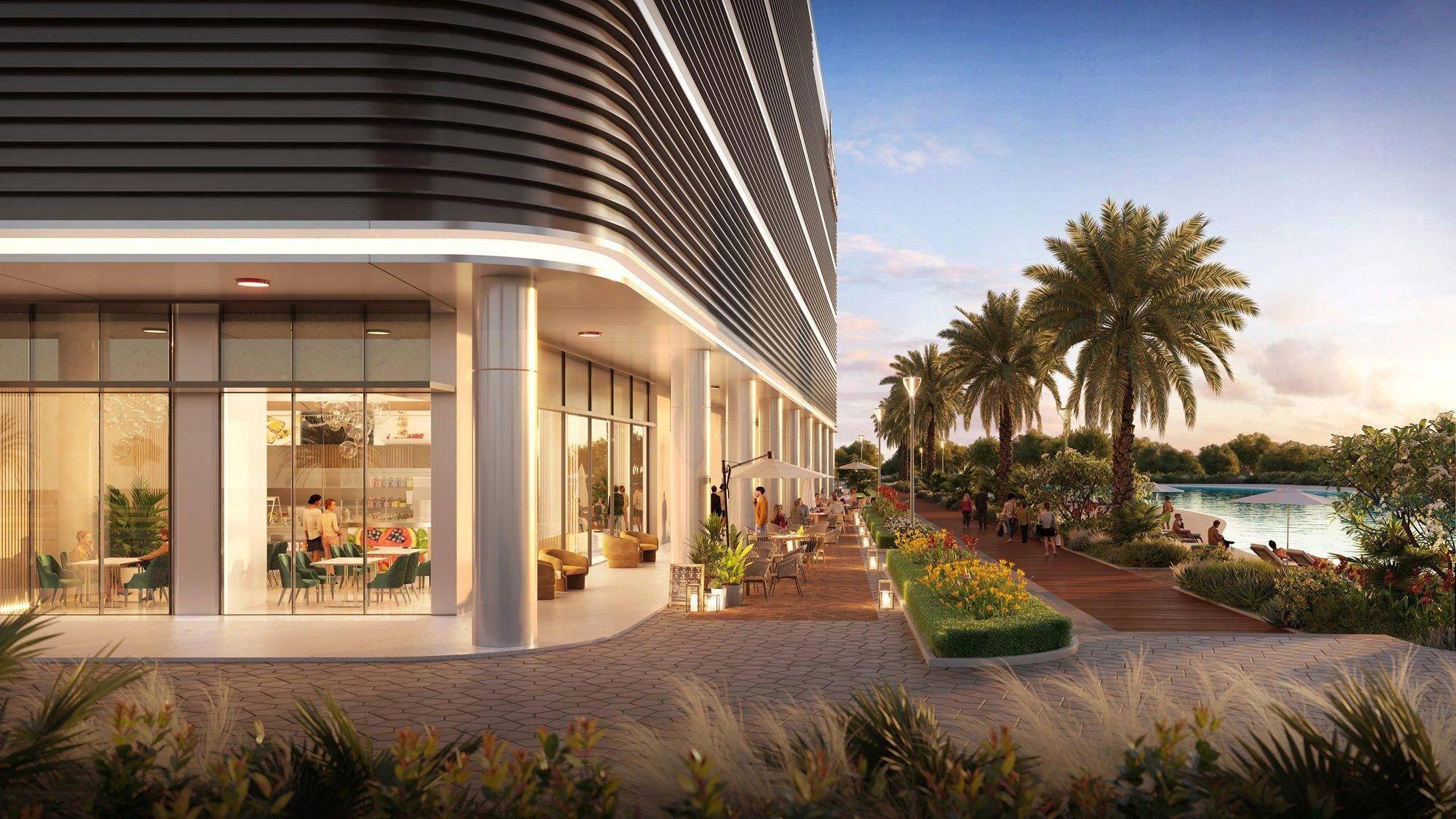 Skyscraper with three swimming pools and a lagoon in Dubai