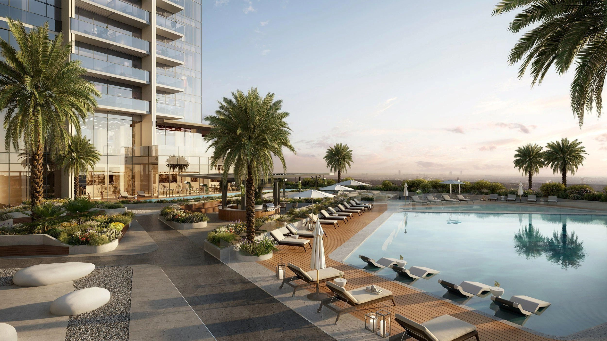 Skyscraper with three swimming pools and a lagoon in Dubai