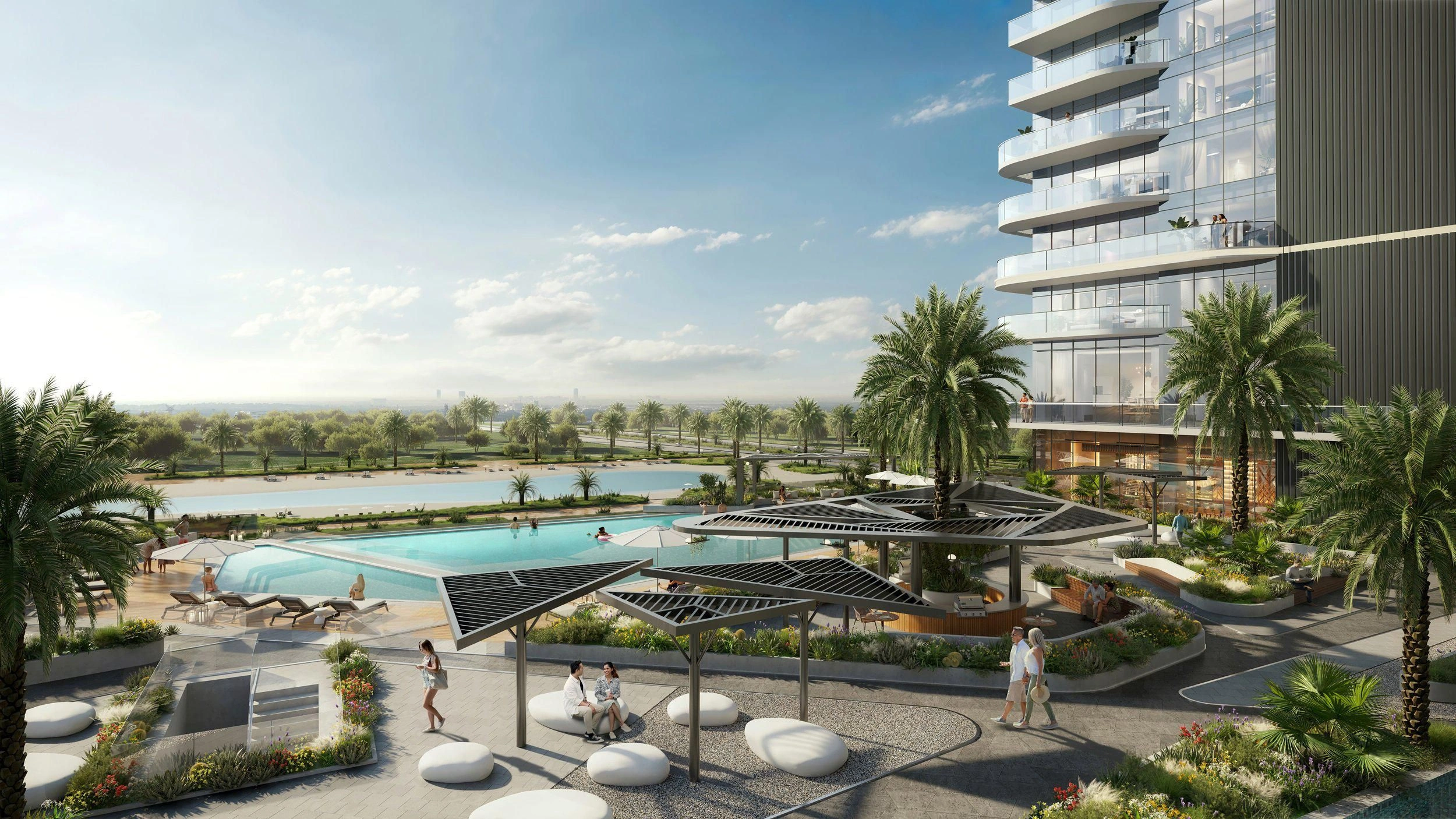 Skyscraper with three swimming pools and a lagoon in Dubai