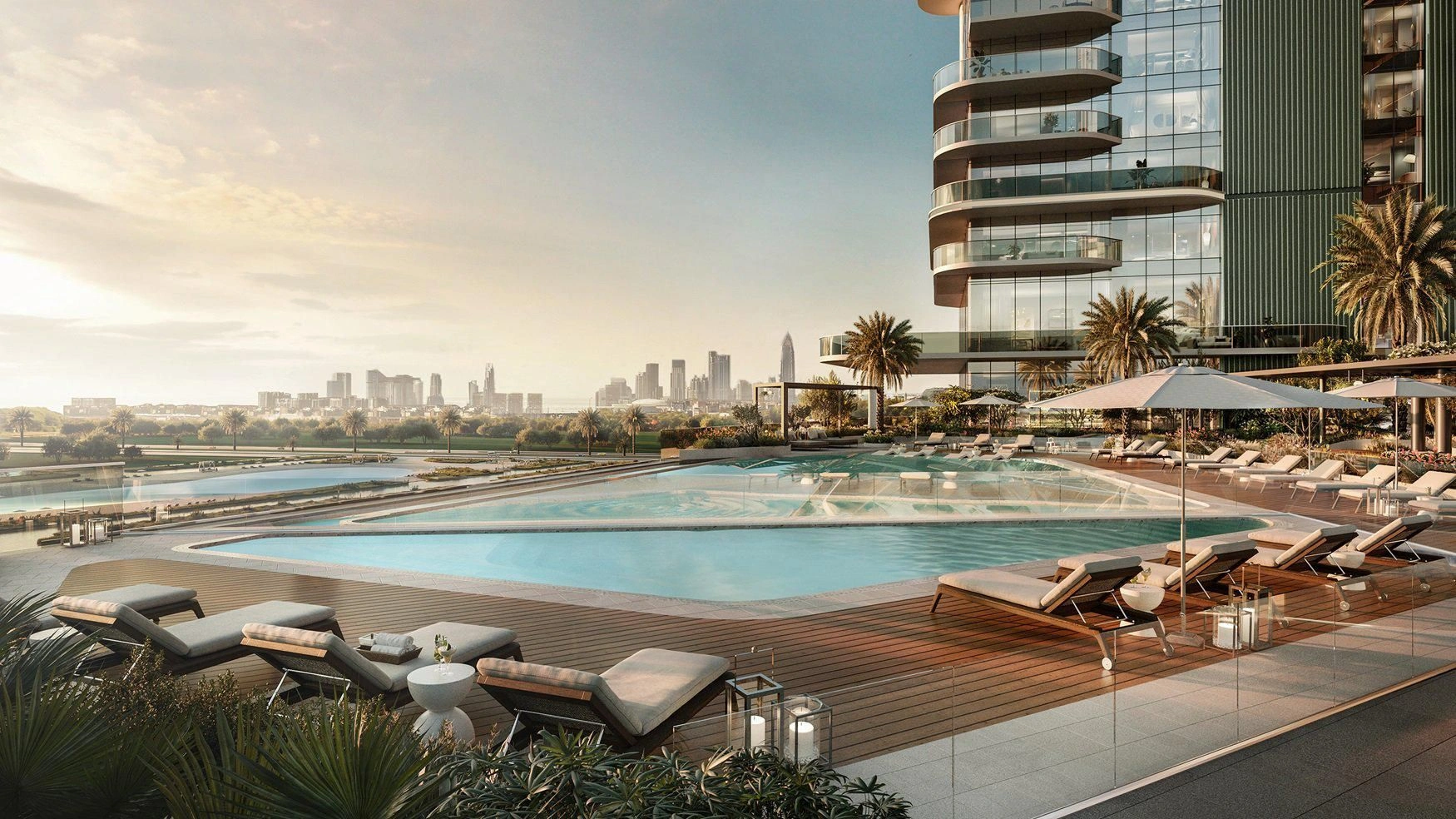 Skyscraper with three swimming pools and a lagoon in Dubai