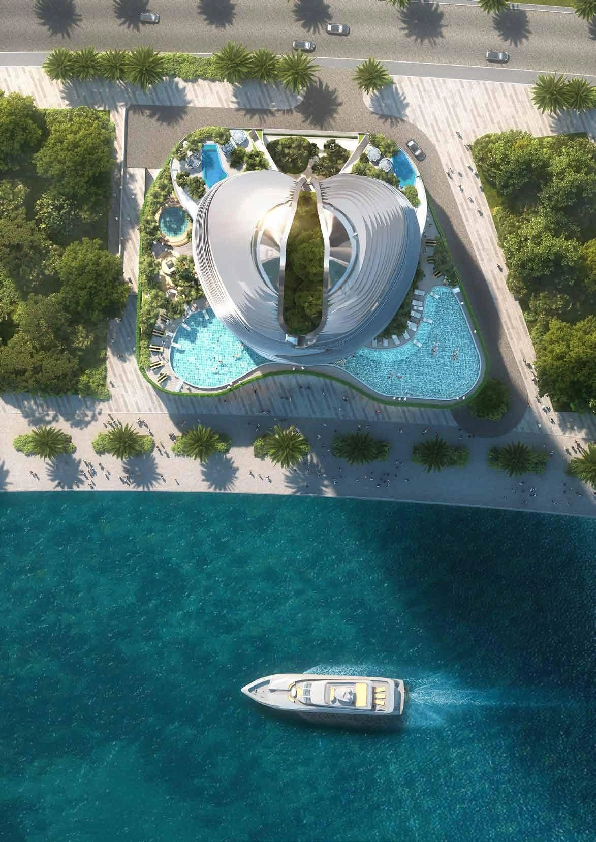 A luxurious skyscraper on the banks of the canal in Dubai