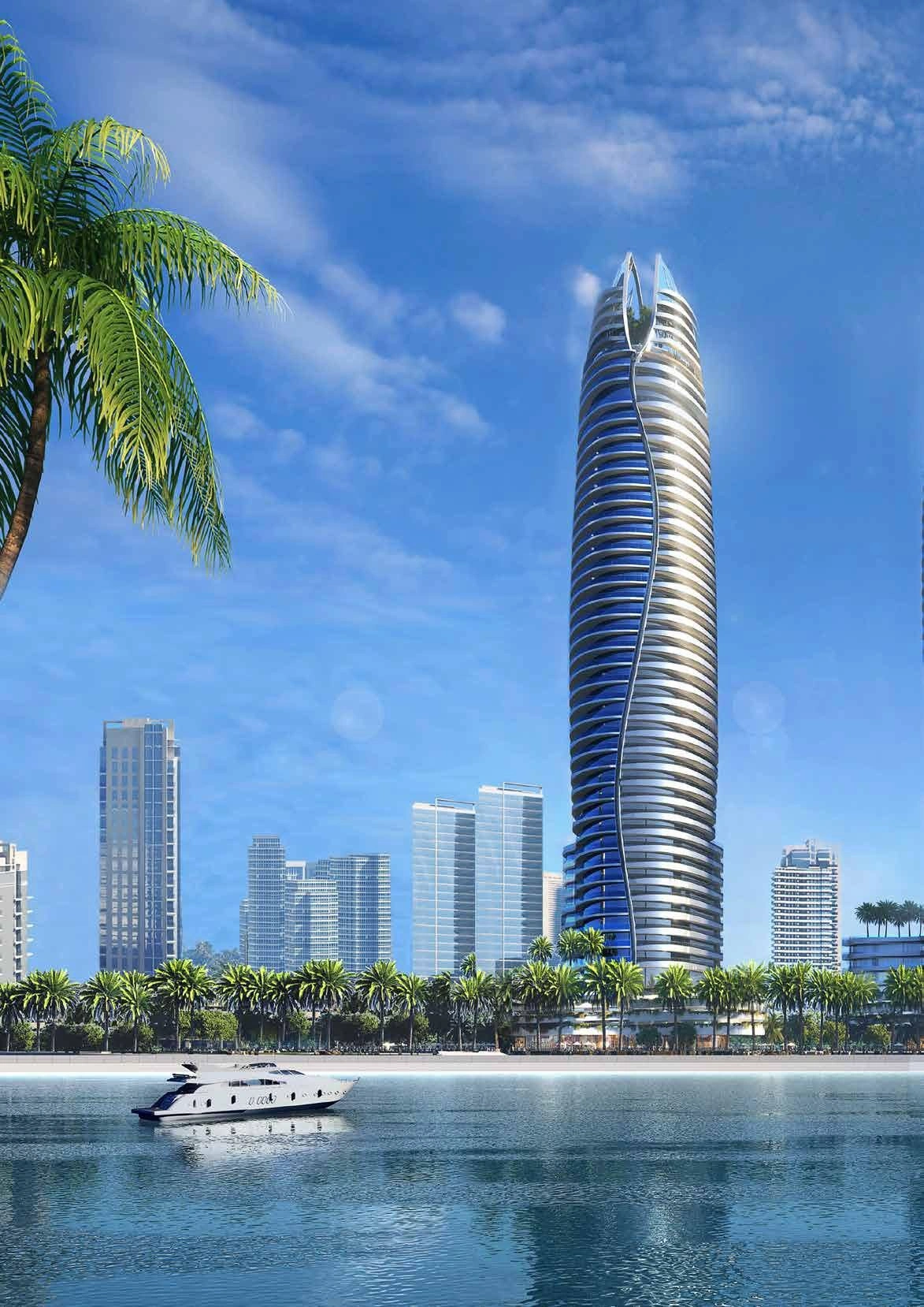 A luxurious skyscraper on the banks of the canal in Dubai