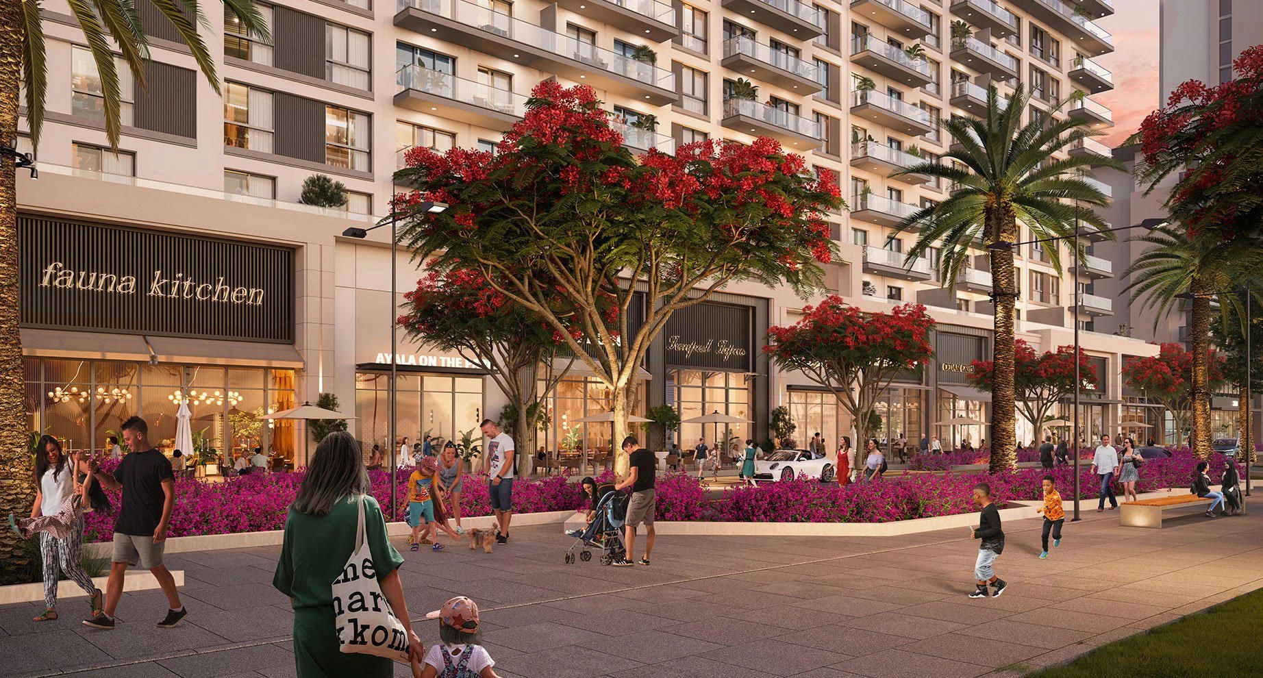 Modern residential complex overlooking a large green park, Dubai