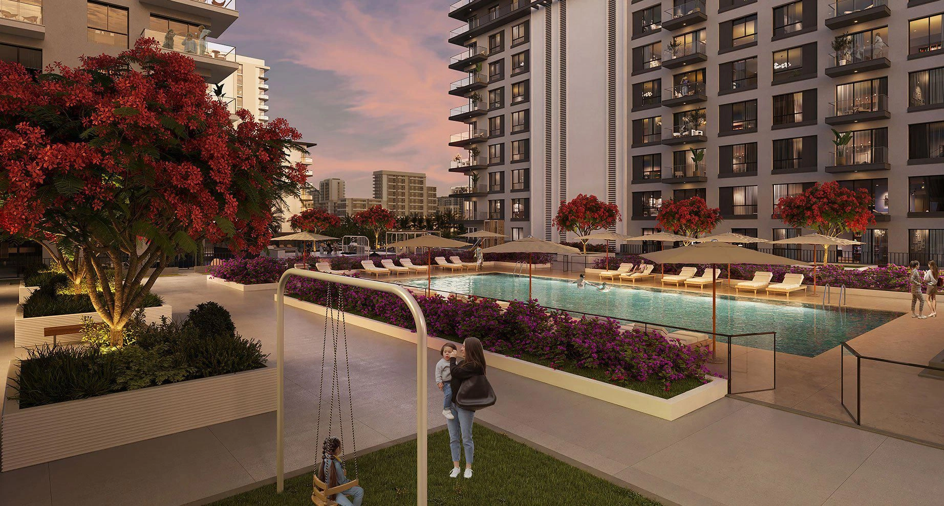 Modern residential complex overlooking a large green park, Dubai