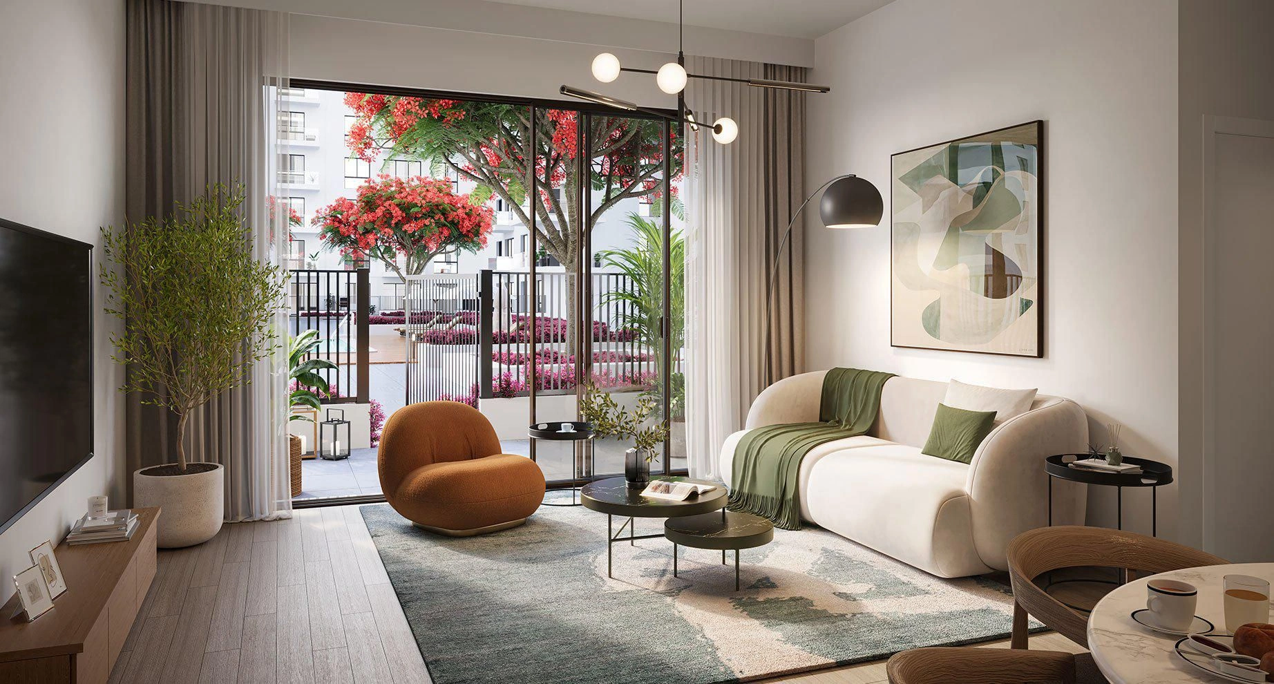 Modern residential complex overlooking a large green park, Dubai