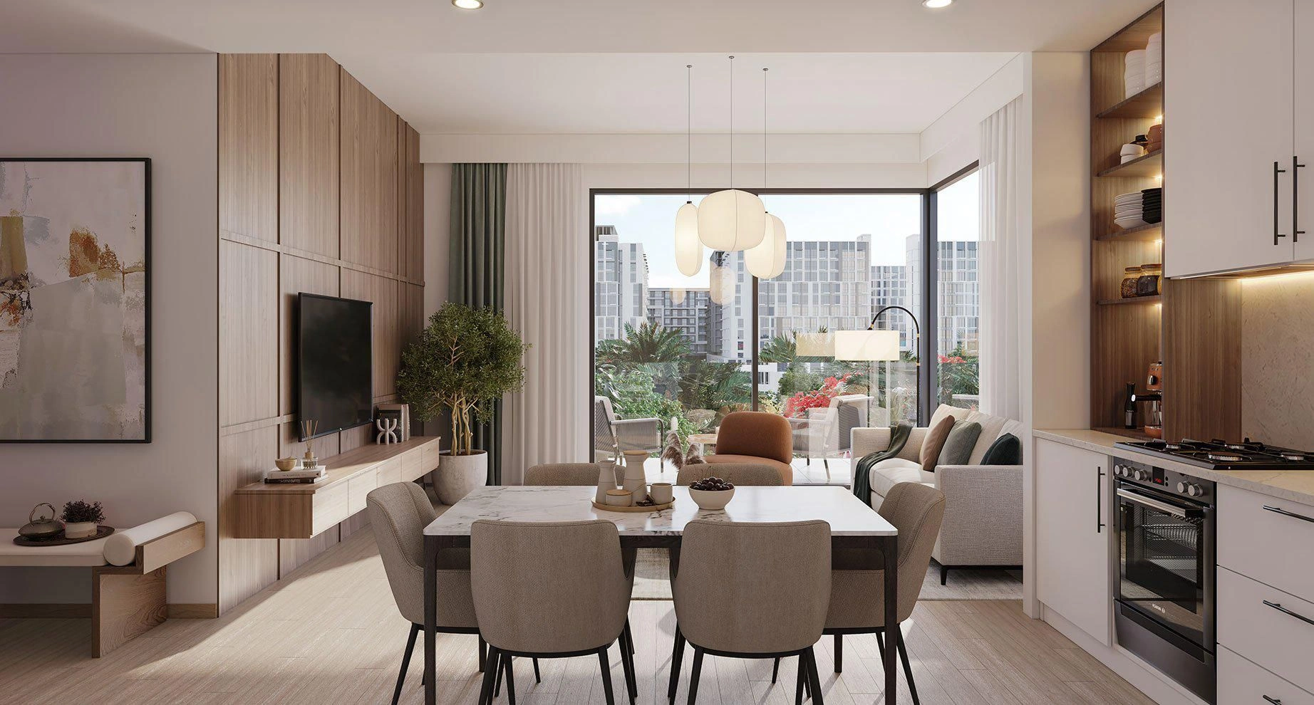 Modern residential complex overlooking a large green park, Dubai